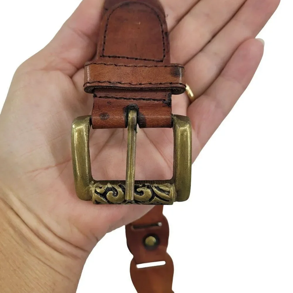 Vintage Amiee Lynn Leather Belt‎ M Brown Brass Square Buckle Medallion Country
